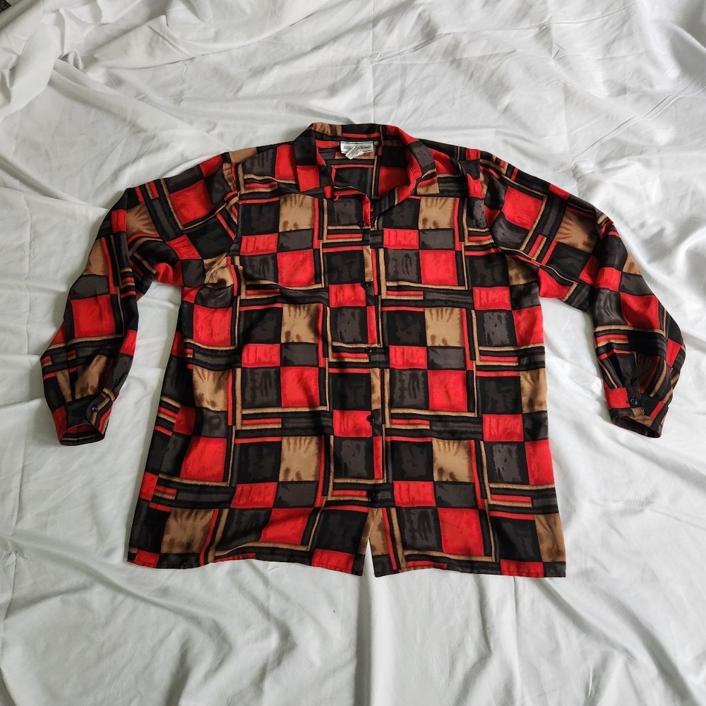 90s/00s Red, Black and Brown Geometric‎ Print Shirt